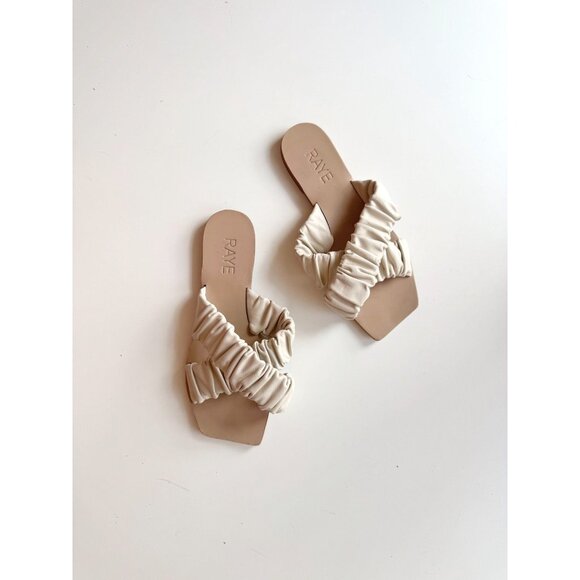 RAYE Moira Bone White Ruched Leather Criss Cross Slides Sandals Flats, Size 5.5 - Picture 2 of 9